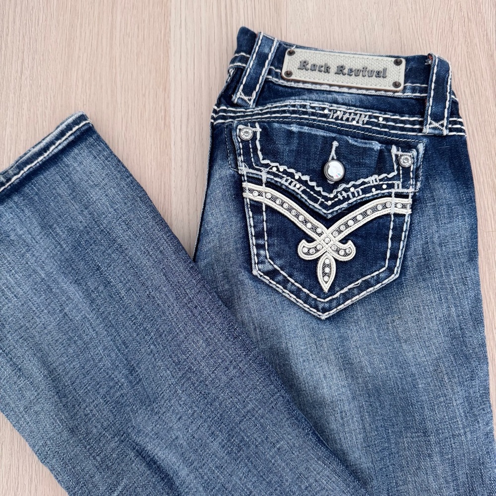 Rock Revival Blue Boot Cut Jeans with Embellished Pockets